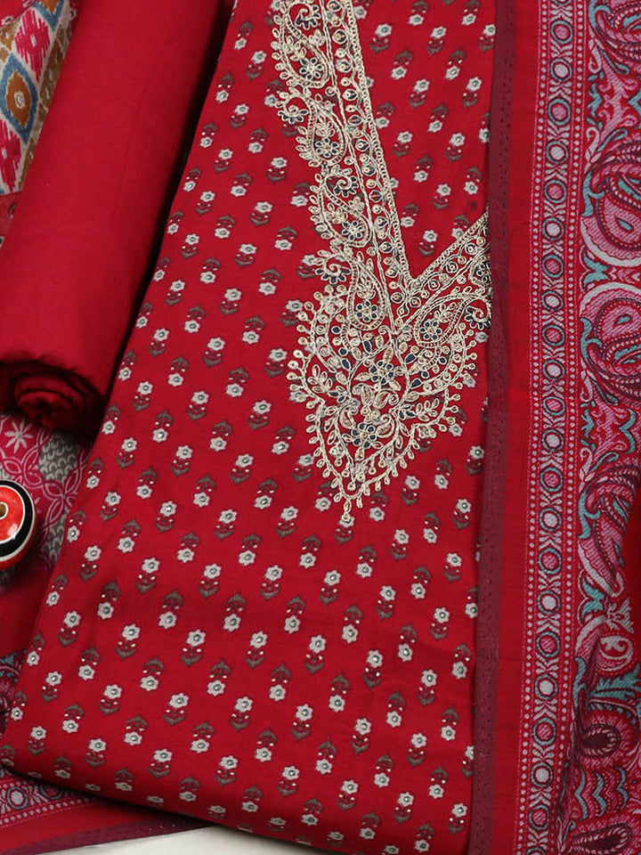 Embroidered Cotton Blend Unstitched Suit With Pant &amp; Dupatta
