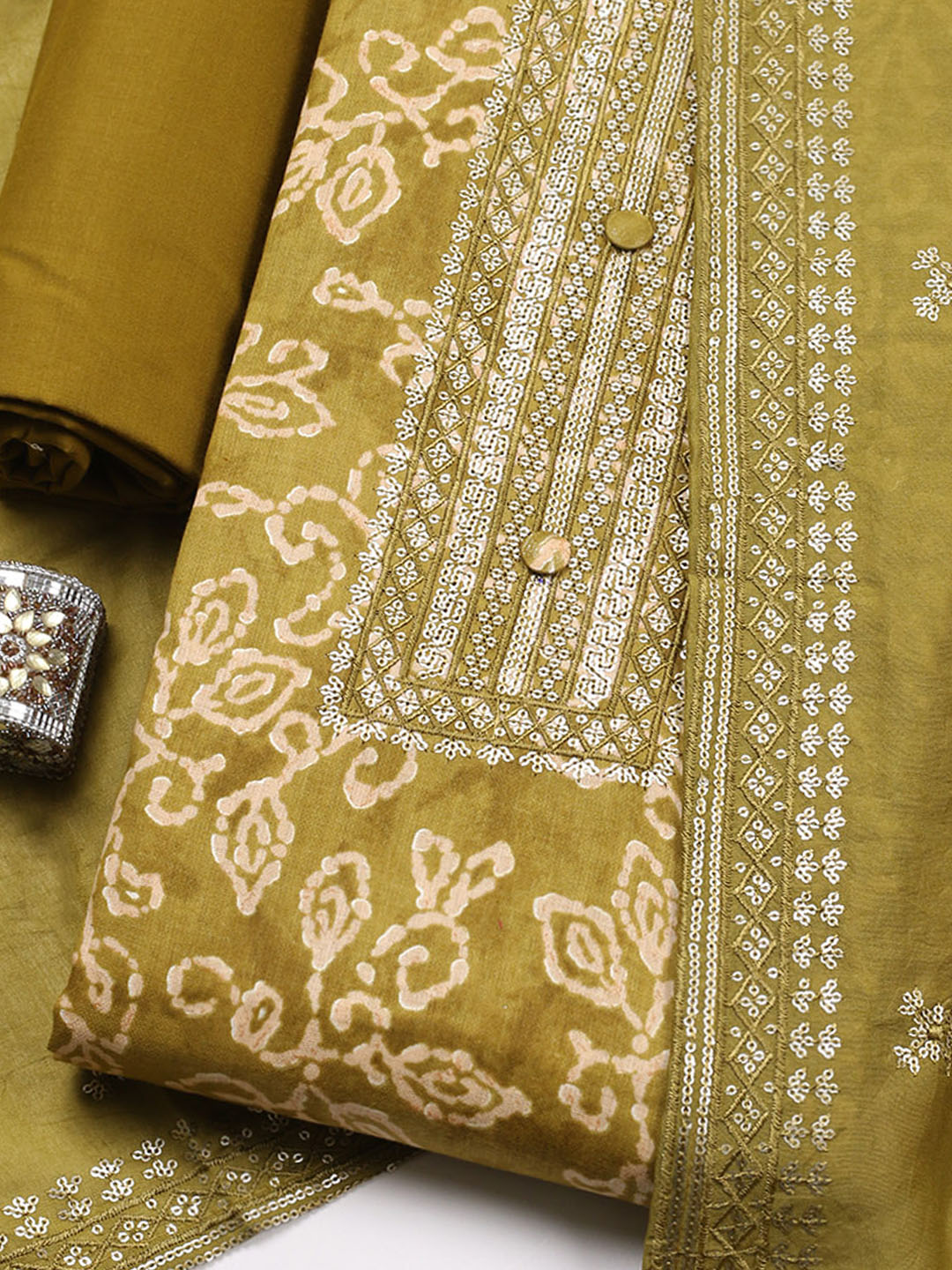 Embroidered Cotton Unstitched Suit With Pant &amp; Dupatta