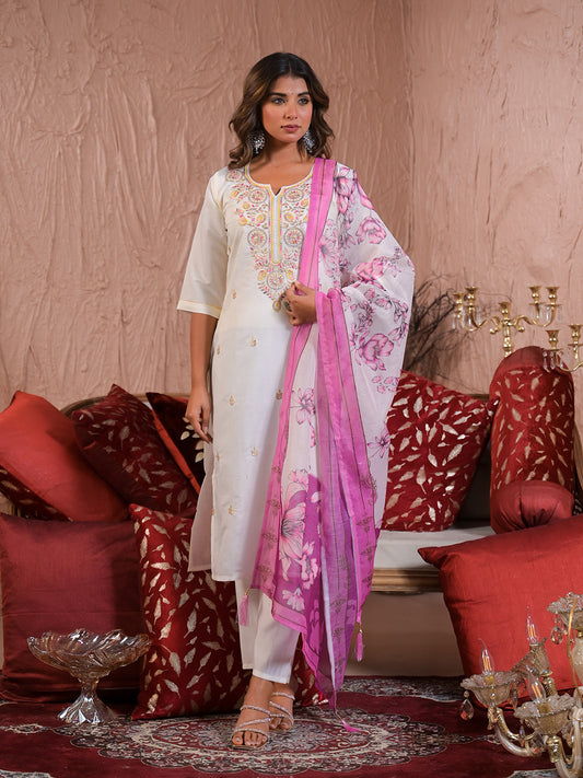 Neck Embroidery Cotton Blend Kurta With Pants & Dupatta