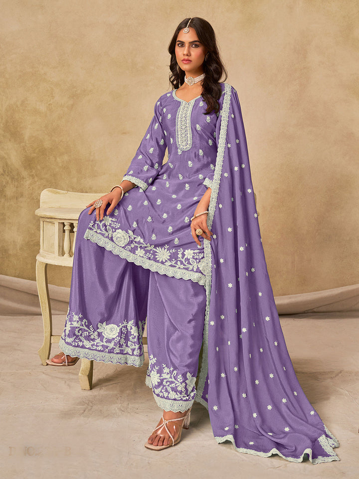 Embroidered Chinnon Semi Stitched Kurta With Plazzo &amp; Dupatta