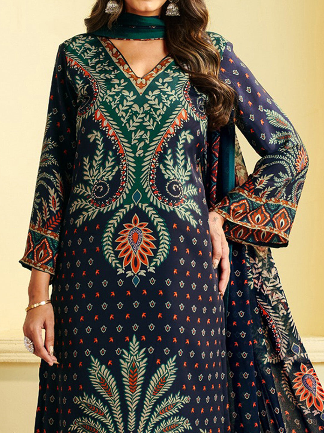 Printed Crepe Unstitched Suit With Pant &amp; Dupatta