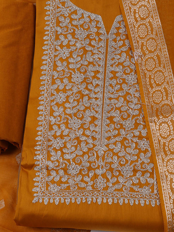 Neck Embroidered Chanderi Unstitched Suit With Dupatta
