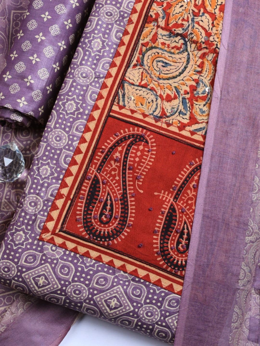 Printed Cotton Blend Unstitched Suit With Pant &amp; Dupatta