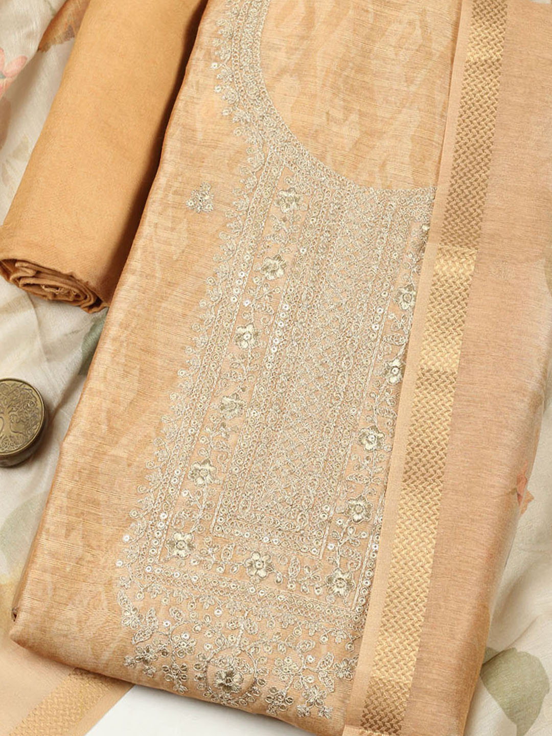 Embroidered Chanderi Unstitched Suit With Pant &amp; Dupatta