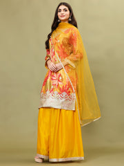 Floral Printed Art Silk Kurta With Sharara And Dupatta