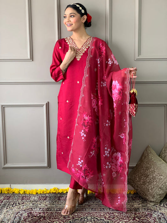 Neck Embroidered Chanderi Kurta With Pants & Dupatta