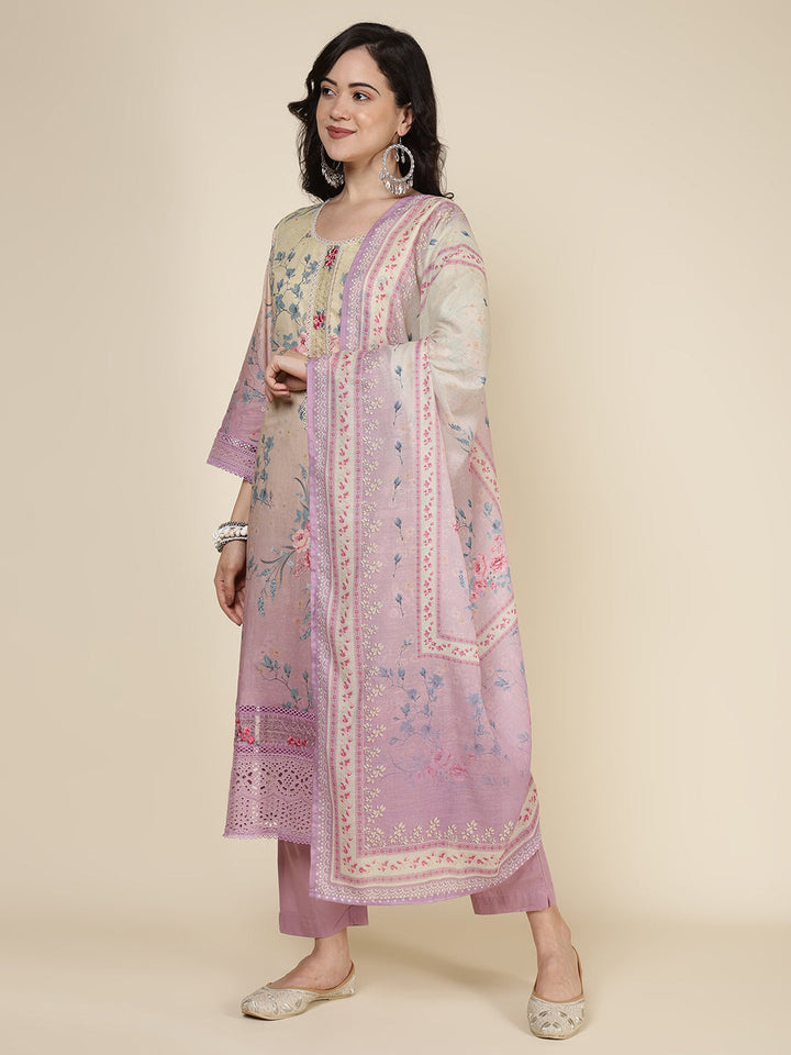 Printed Cotton Blend Kurta With Pants &amp; Dupatta