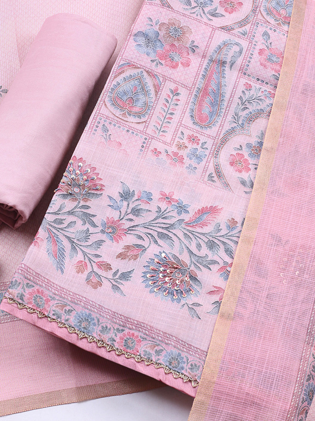 Printed Linen Blend Unstitched Suit With Pant &amp; Dupatta
