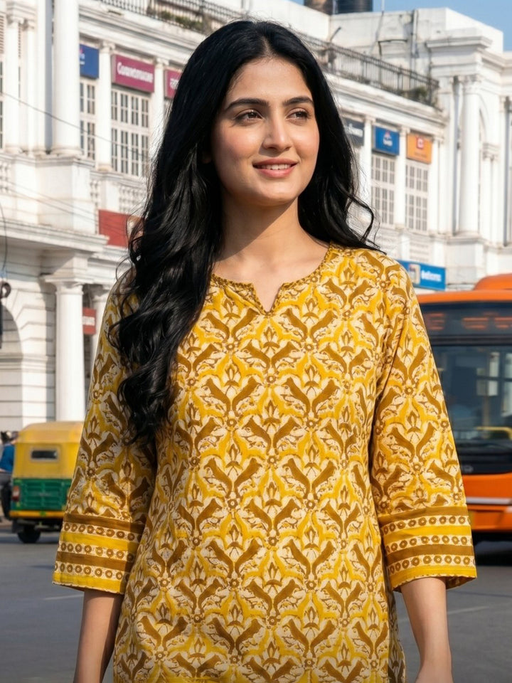 Yellow Embroidered Cotton Blend Straight Round Neck Suit Set