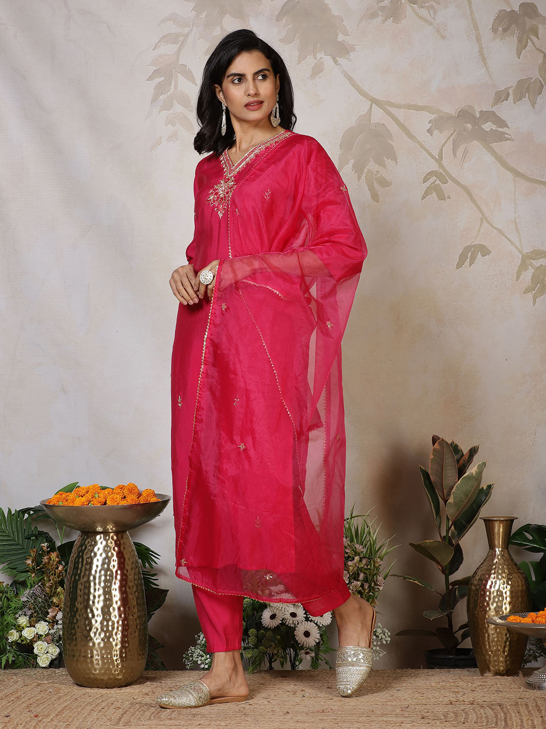 Embroidered Cotton Blend Kurta With Pants &amp; Dupatta