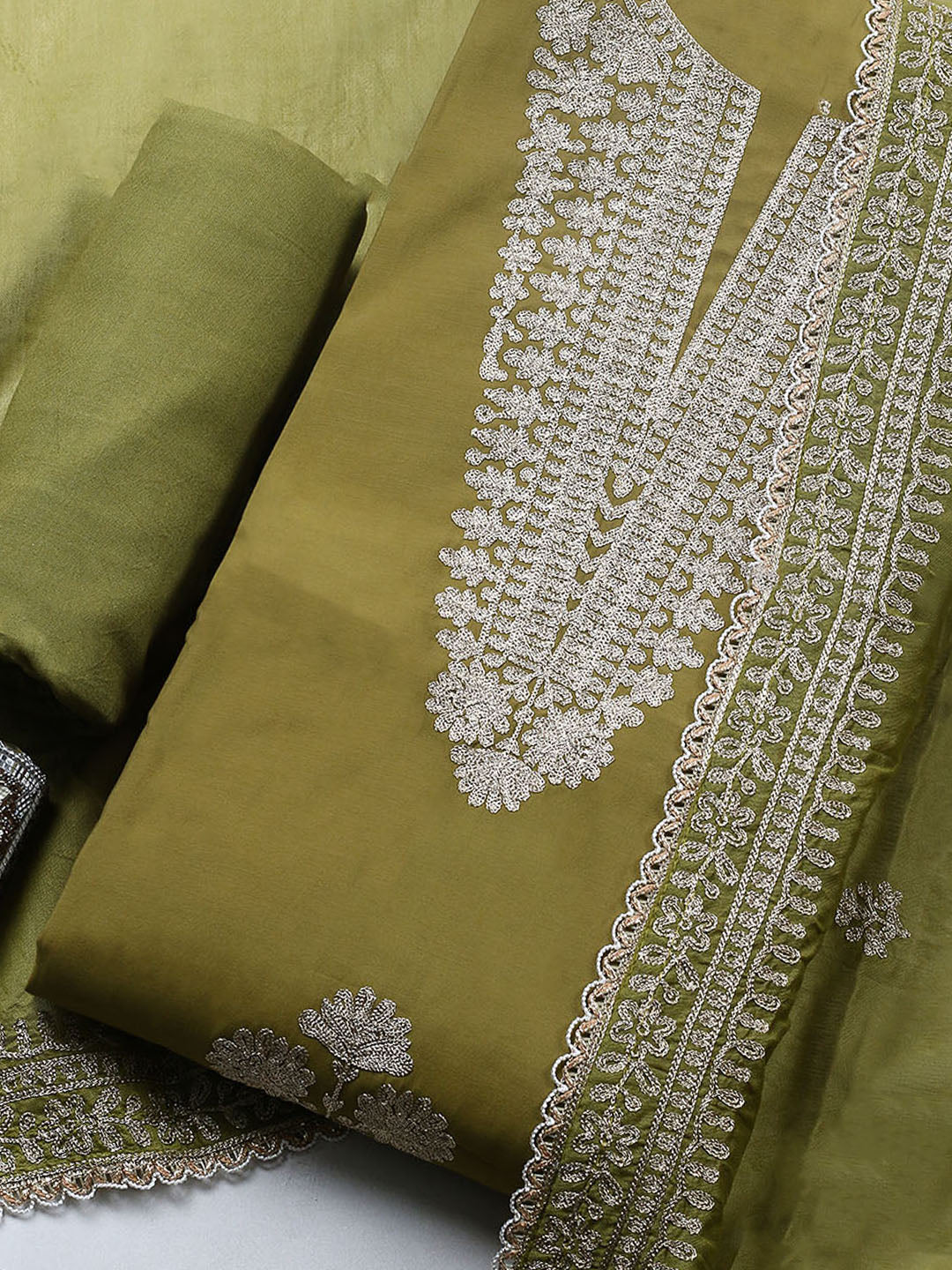 Embroidered Chanderi Unstitched Suit With Pant &amp; Dupatta