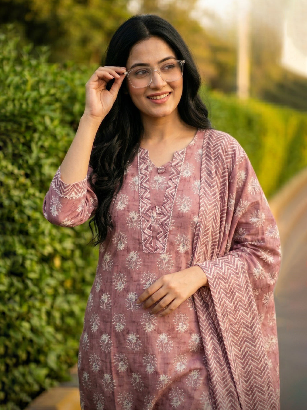 Rust Printed Cotton Blend Straight V Neck Suit Set
