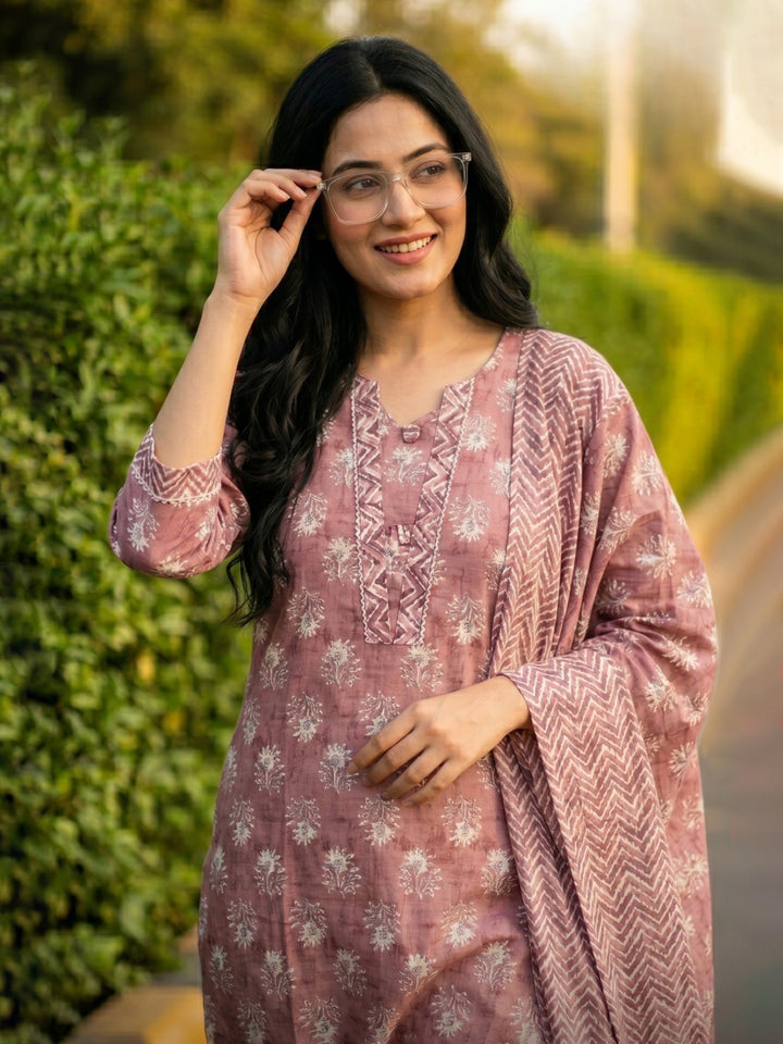 Rust Printed Cotton Blend Straight V Neck Suit Set