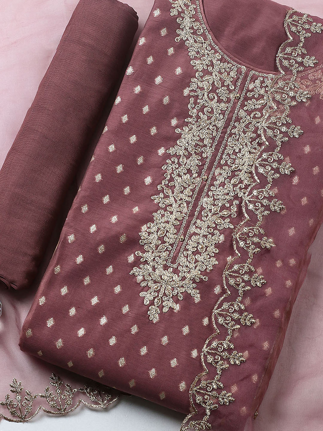 Embroidered Chanderi Unstitched Suit With Pant &amp; Dupatta