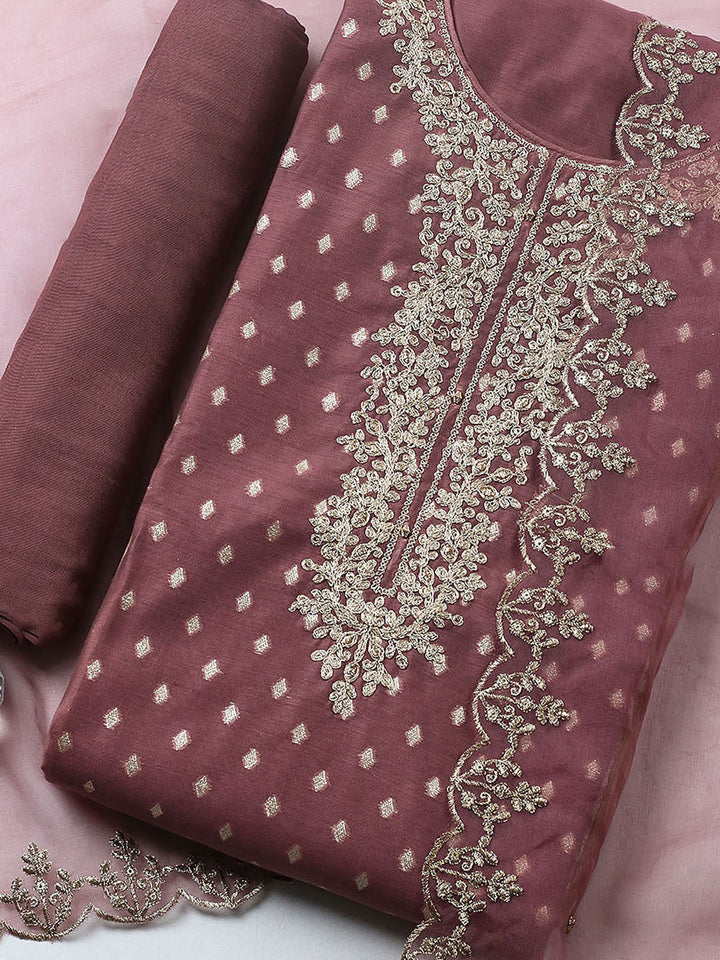 Embroidered Chanderi Unstitched Suit With Pant &amp; Dupatta
