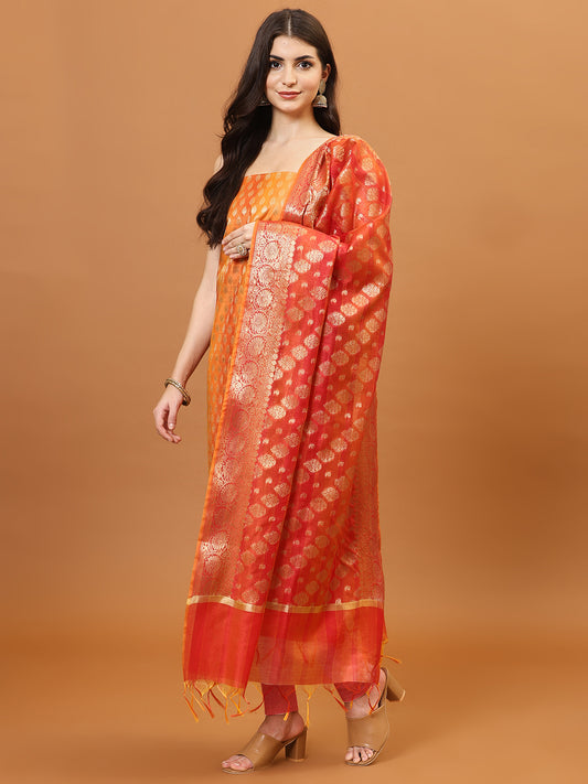 Woven Banarasi Chanderi Unstitched Suit With Dupatta