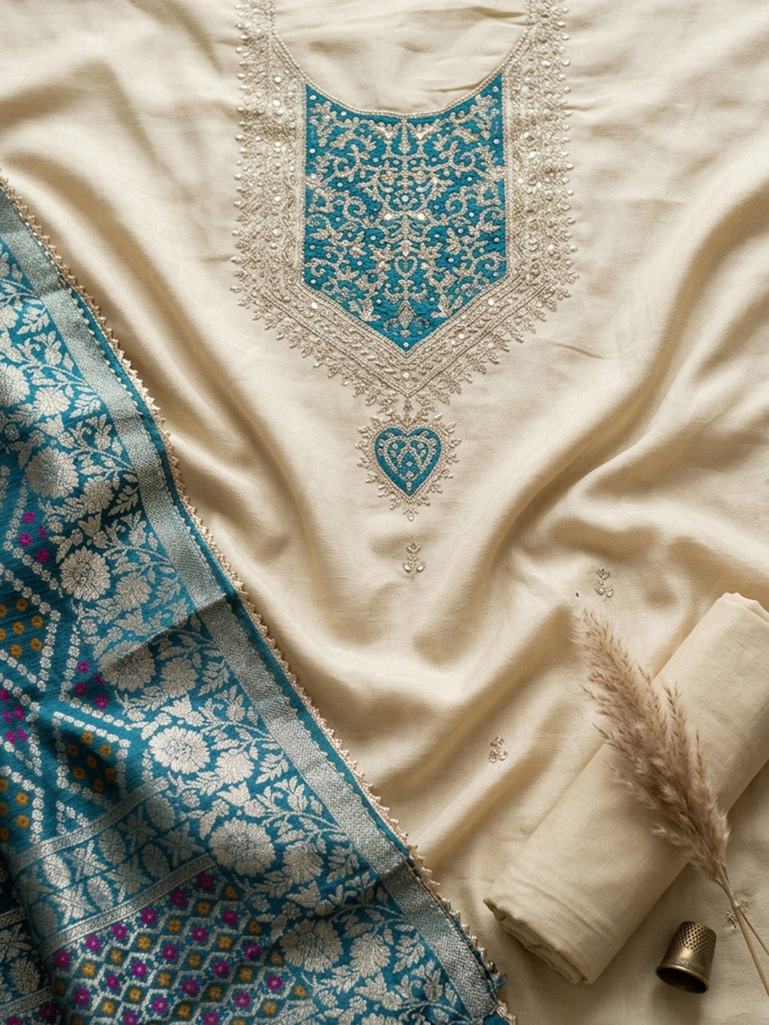 Embroidered Chanderi Unstitched Suit With Pant &amp; Dupatta