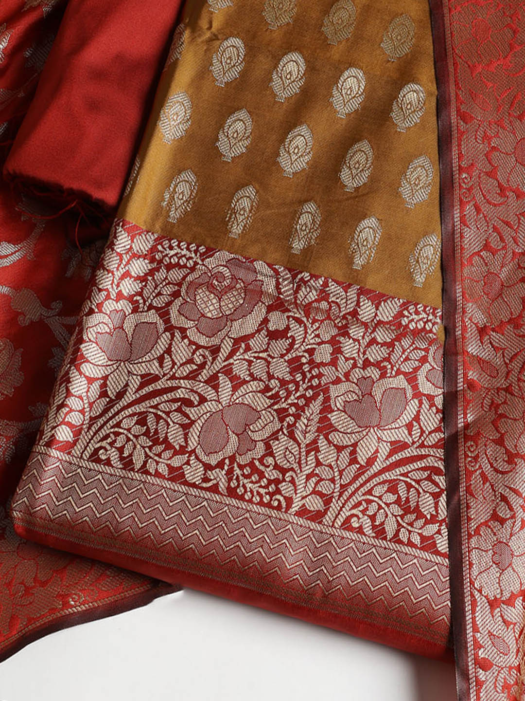 Woven Banarasi Chanderi Unstitched Suit With Dupatta