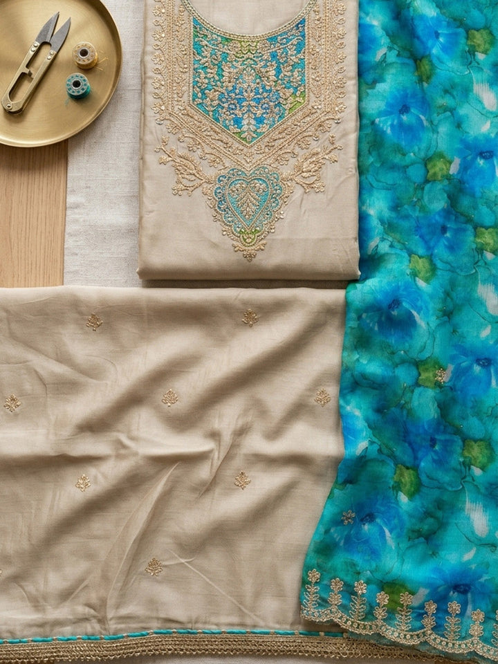 Embroidered Chanderi Unstitched Suit With Pant &amp; Dupatta