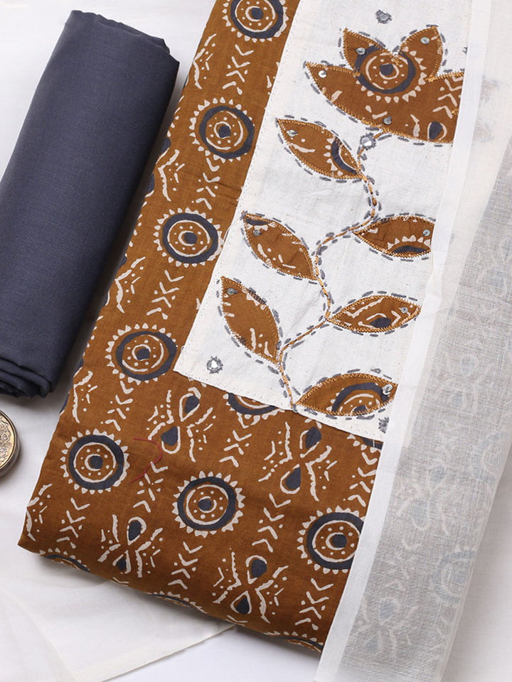 Printed Cotton Blend Unstitched Suit With Pant &amp; Dupatta