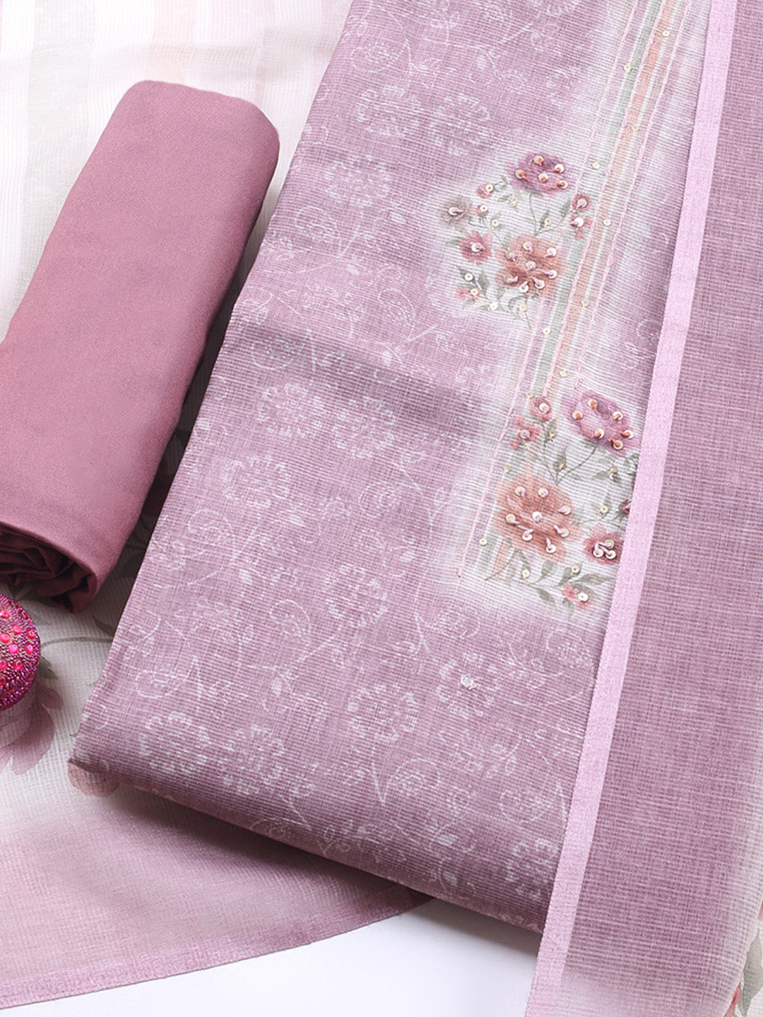 Printed Linen Blend Unstitched Suit With Pant &amp; Dupatta
