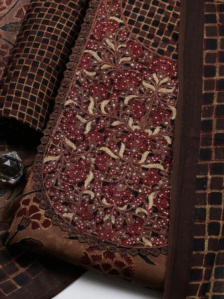 Embroidered Cotton Blend Unstitched Suit With Pant &amp; Dupatta
