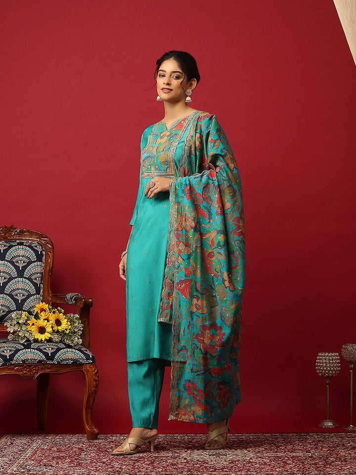 Printed Muslin Lake Blue Kurta With Pant &amp; Dupatta