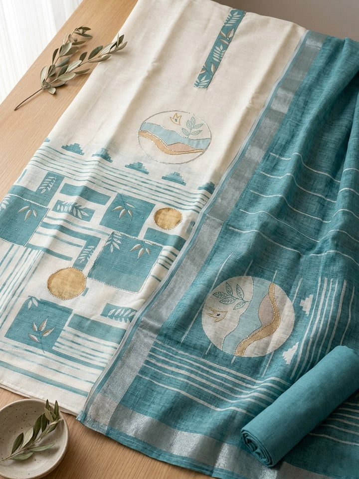Embroidered Linen Blend Unstitched Suit With Pant &amp; Dupatta