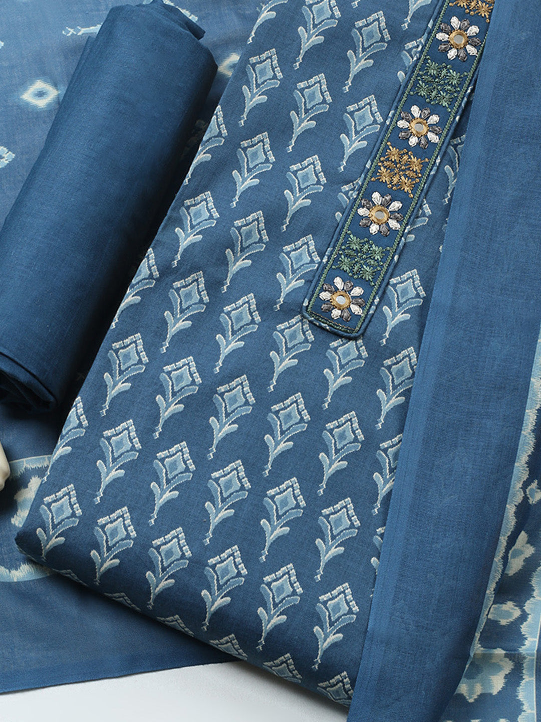Embroidered Cotton Blend Unstitched Suit With Pant &amp; Dupatta