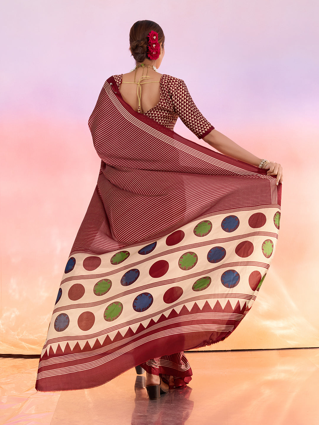 Maroon Printed Satin Saree