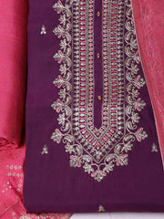 Embroidered Chanderi Purple Unstitched Suit With Pant & Dupatta