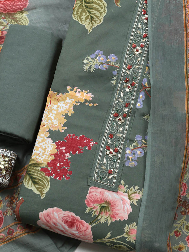 Embroidered Cotton Blend Unstitched Suit With Pant &amp; Dupatta