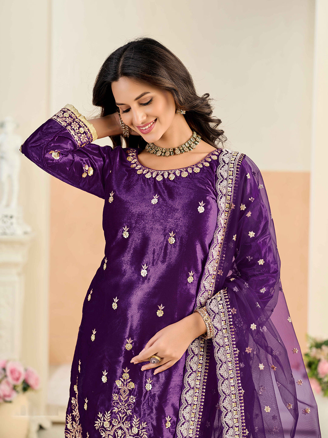 Embroidered Velvet Semi Stitched Kurta With Skirt &amp; Dupatta