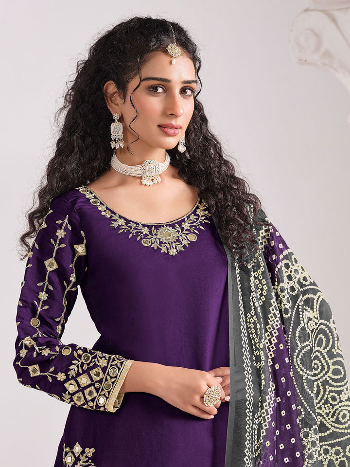 Embroidered Art Silk Semi Stitched Kurta With Patiala Salwar &amp; Dupatta