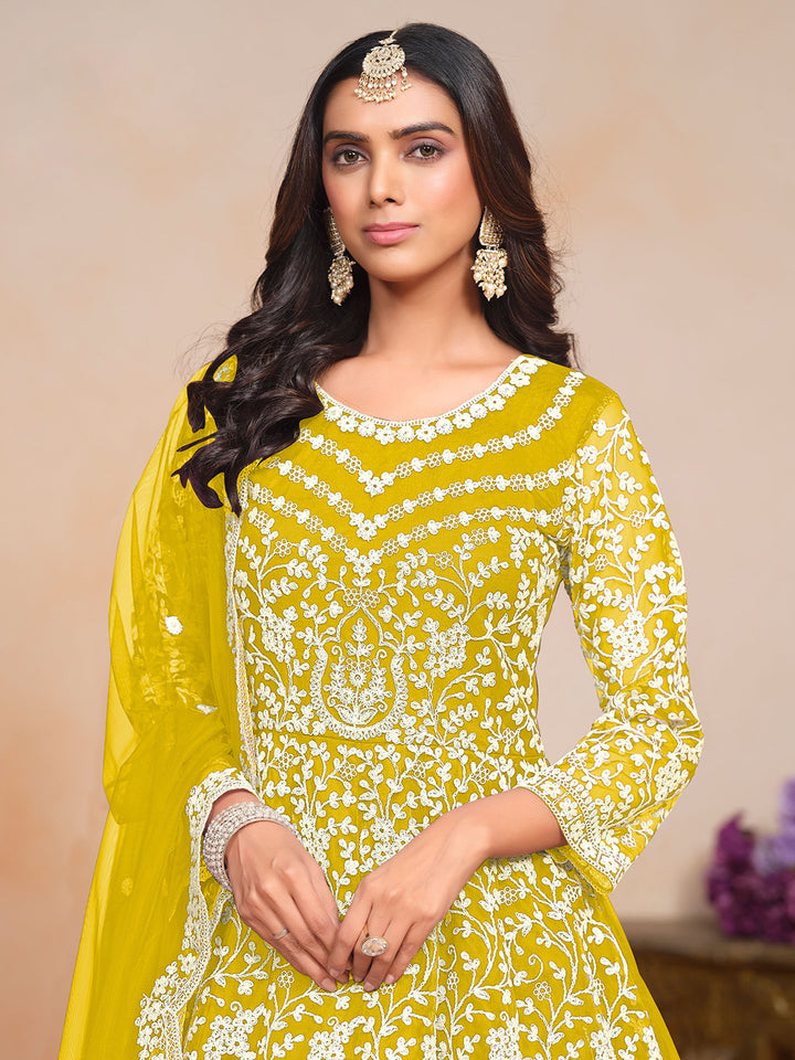 Embroidered Net Semi Stitched Kurta With Salwar &amp; Dupatta