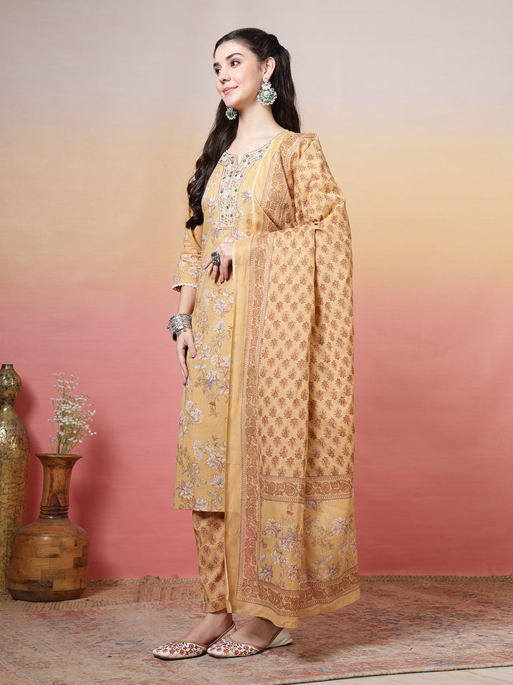 Embroidered Cotton Kurta With Pant &amp; Dupatta