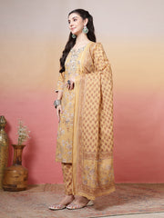 Embroidered Cotton Kurta With Pant & Dupatta
