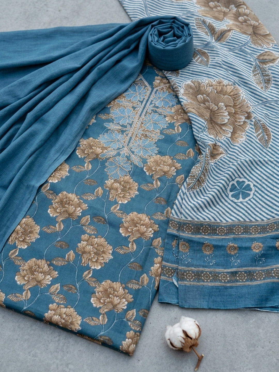 Embroidered Cotton Blend Unstitched Suit With Pant &amp; Dupatta