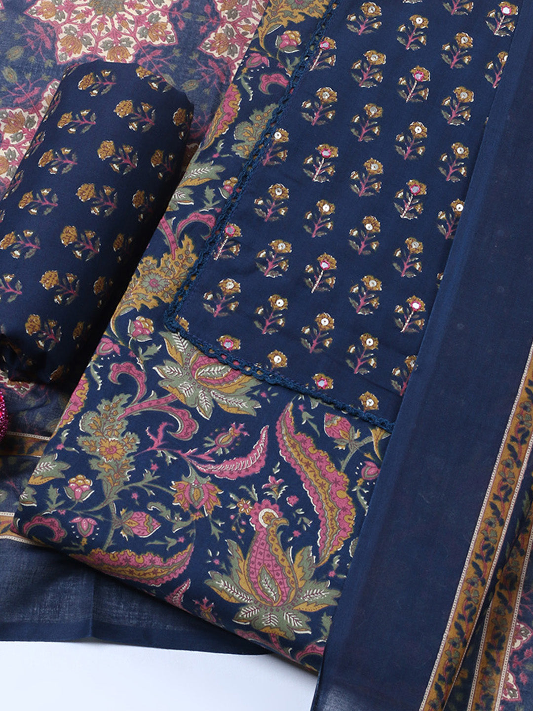 Embroidered Cotton Blend Unstitched Suit With Pant &amp; Dupatta