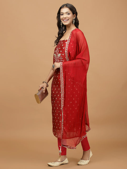 Neck Embroidered Chanderi Unstitched Suit Piece With Dupatta