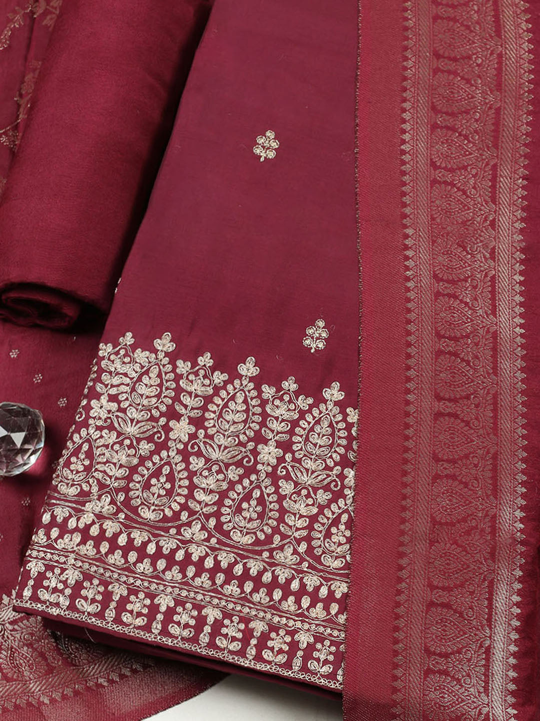 Embroidered Chanderi Unstitched Suit With Pant &amp; Dupatta
