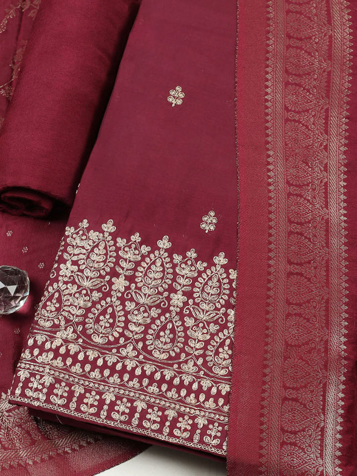 Embroidered Chanderi Unstitched Suit With Pant &amp; Dupatta