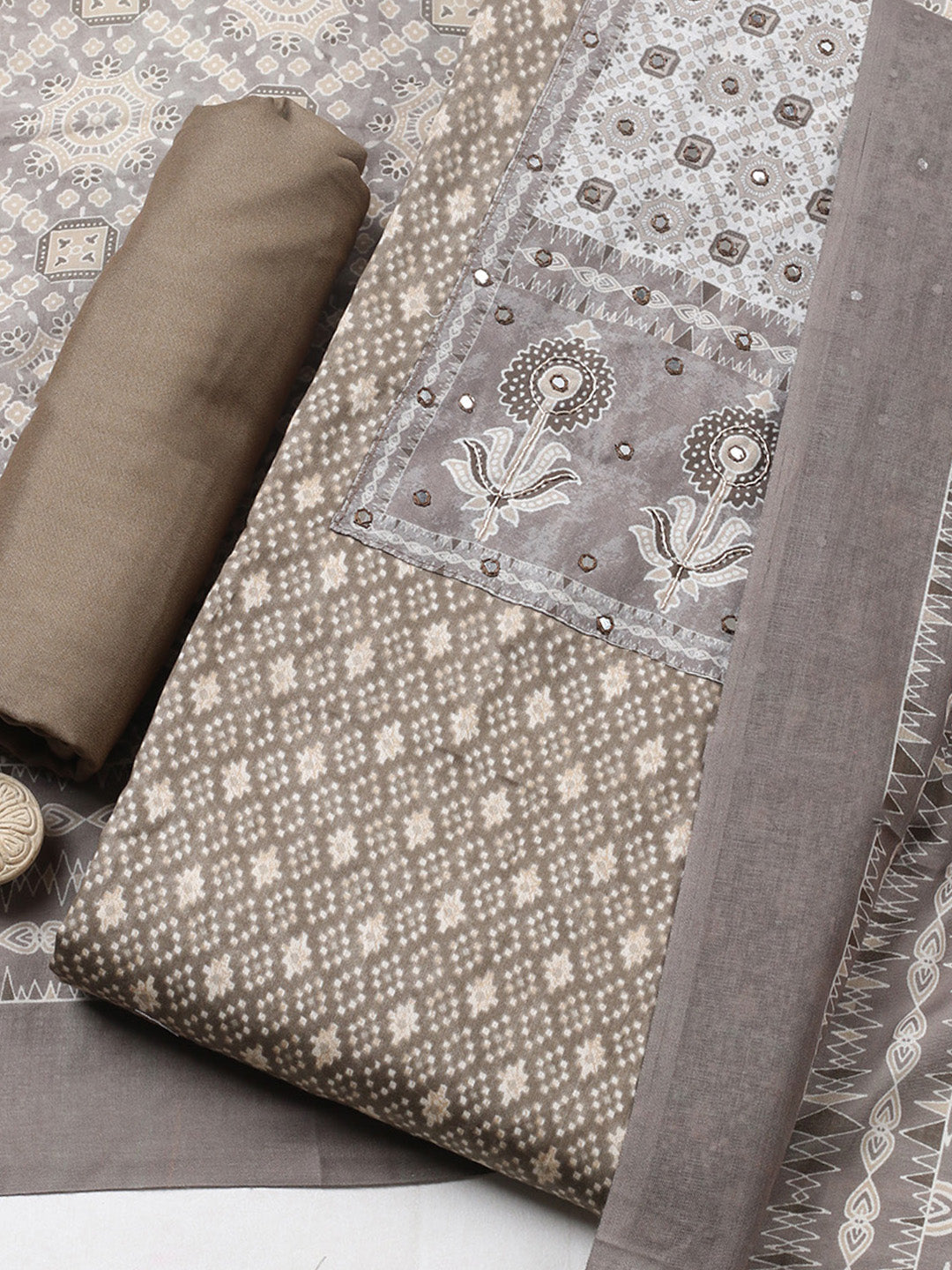 Printed Cotton Blend Unstitched Suit With Pant &amp; Dupatta