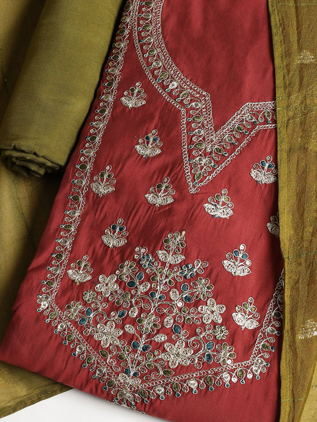 Neck Embroidered Chanderi Unstitched Suit With Dupatta