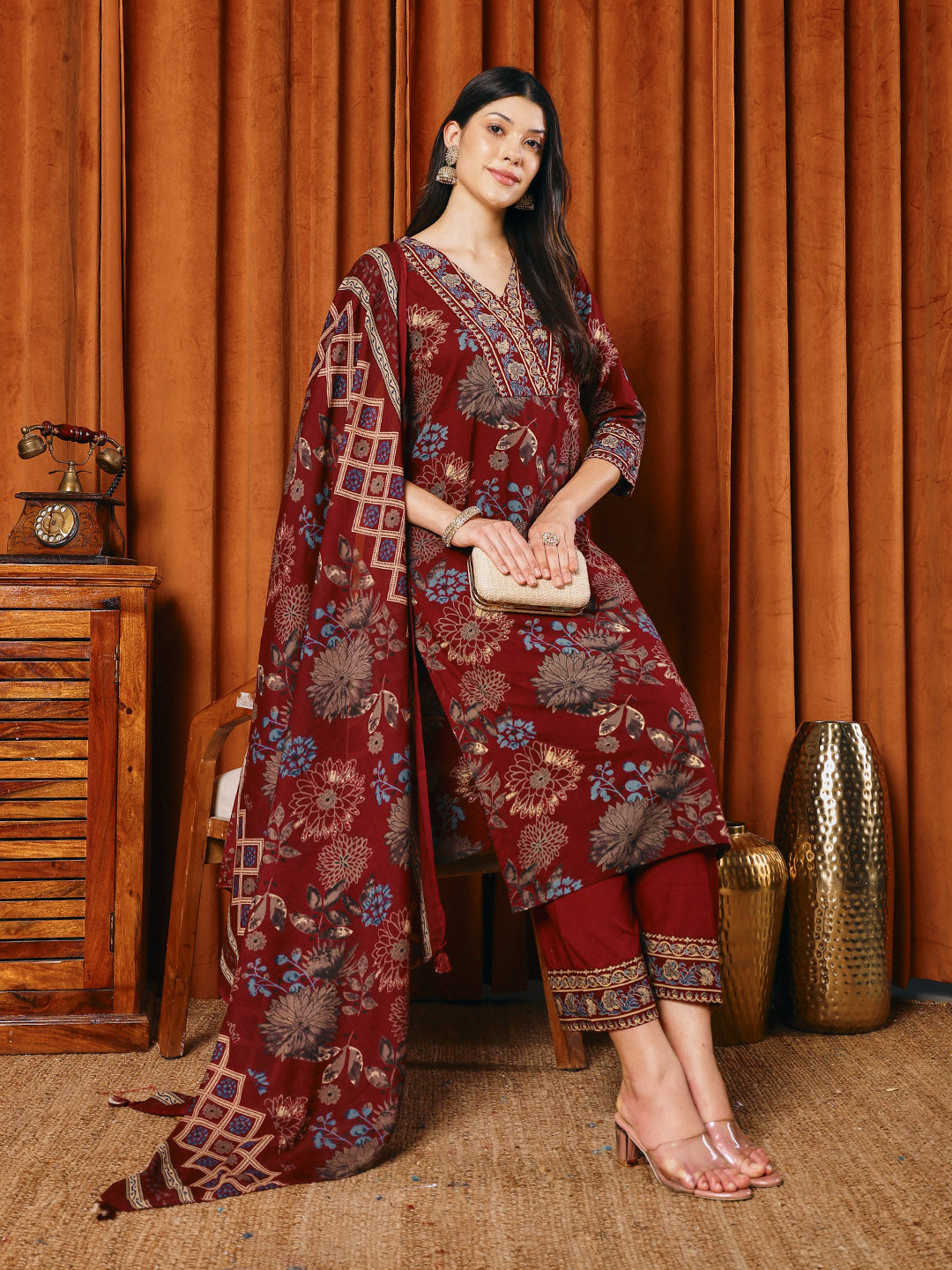 Printed Cotton Blend Kurta With Pants &amp; Dupatta