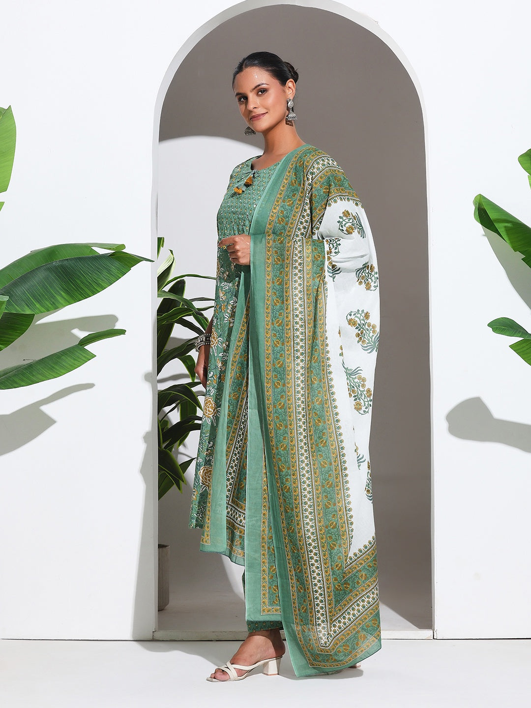 Printed Cotton Blend Kurta With Pant &amp; Dupatta