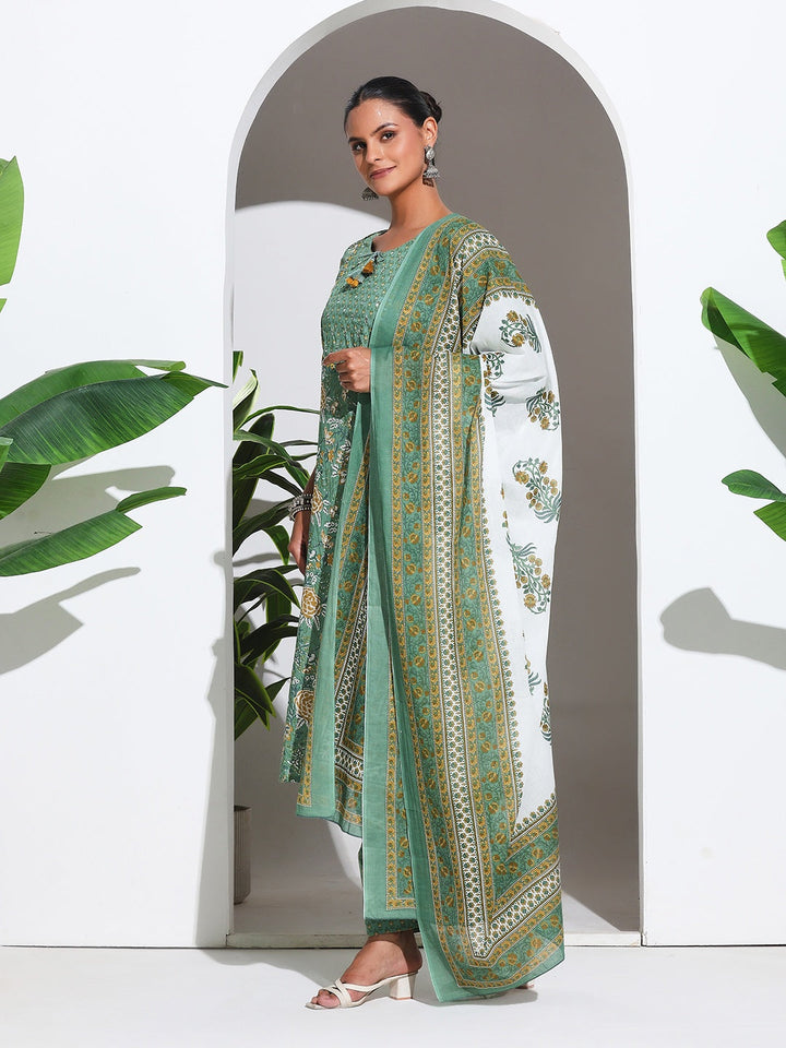 Printed Cotton Blend Kurta With Pant &amp; Dupatta