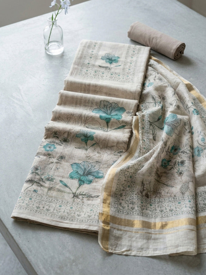 Printed Linen Blend Unstitched Suit With Pant &amp; Dupatta