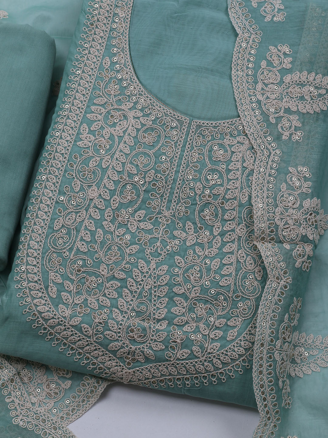 Neck Embroidered Chanderi Unstitched Suit With Dupatta
