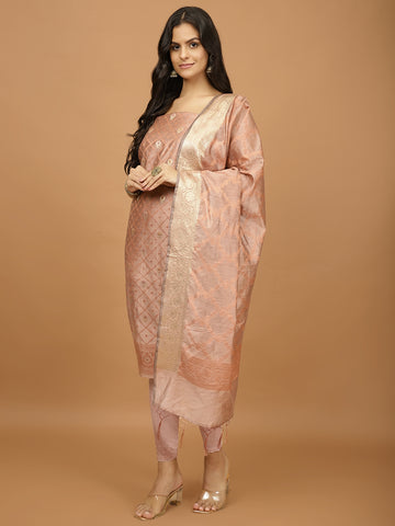 Woven Banarasi Chanderi Unstitched Suit With Dupatta